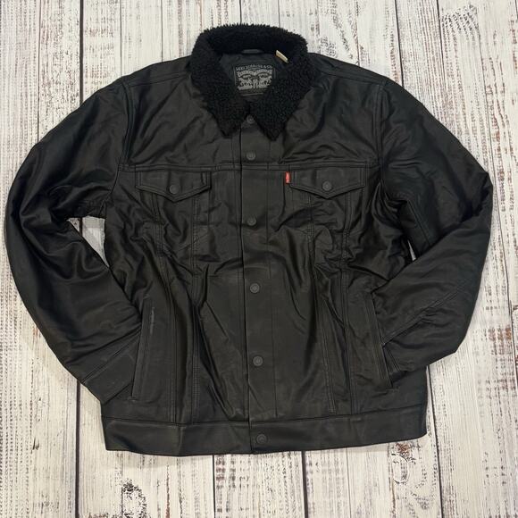 Levi's Other - Levi’s Faux Leather Sherpa Lined Trucker Jacket Men’s XL Black Snap Front